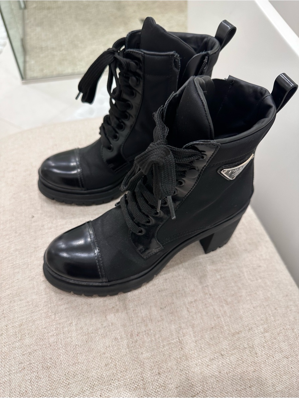 Prada Black Lace-Up Platform Heel Combat Boots